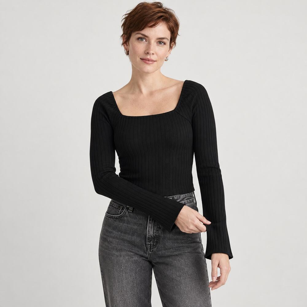 Madewell Top WMNS L Black Ribbed Square Neck Long Sleeve Stretch 90s Minimalist